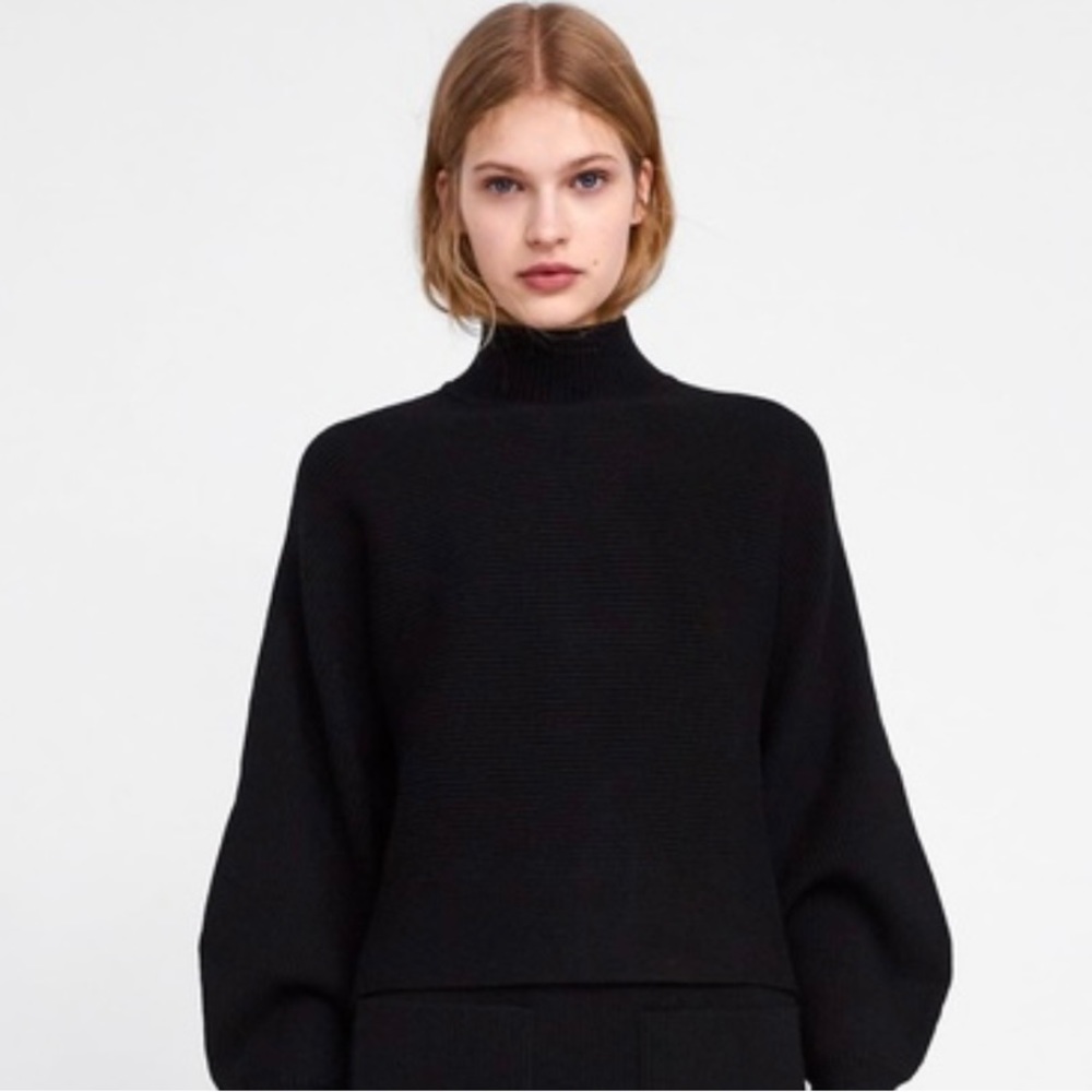Zara Black Knit Bell Sleeve Pullover Turtleneck Sweater Size Medium